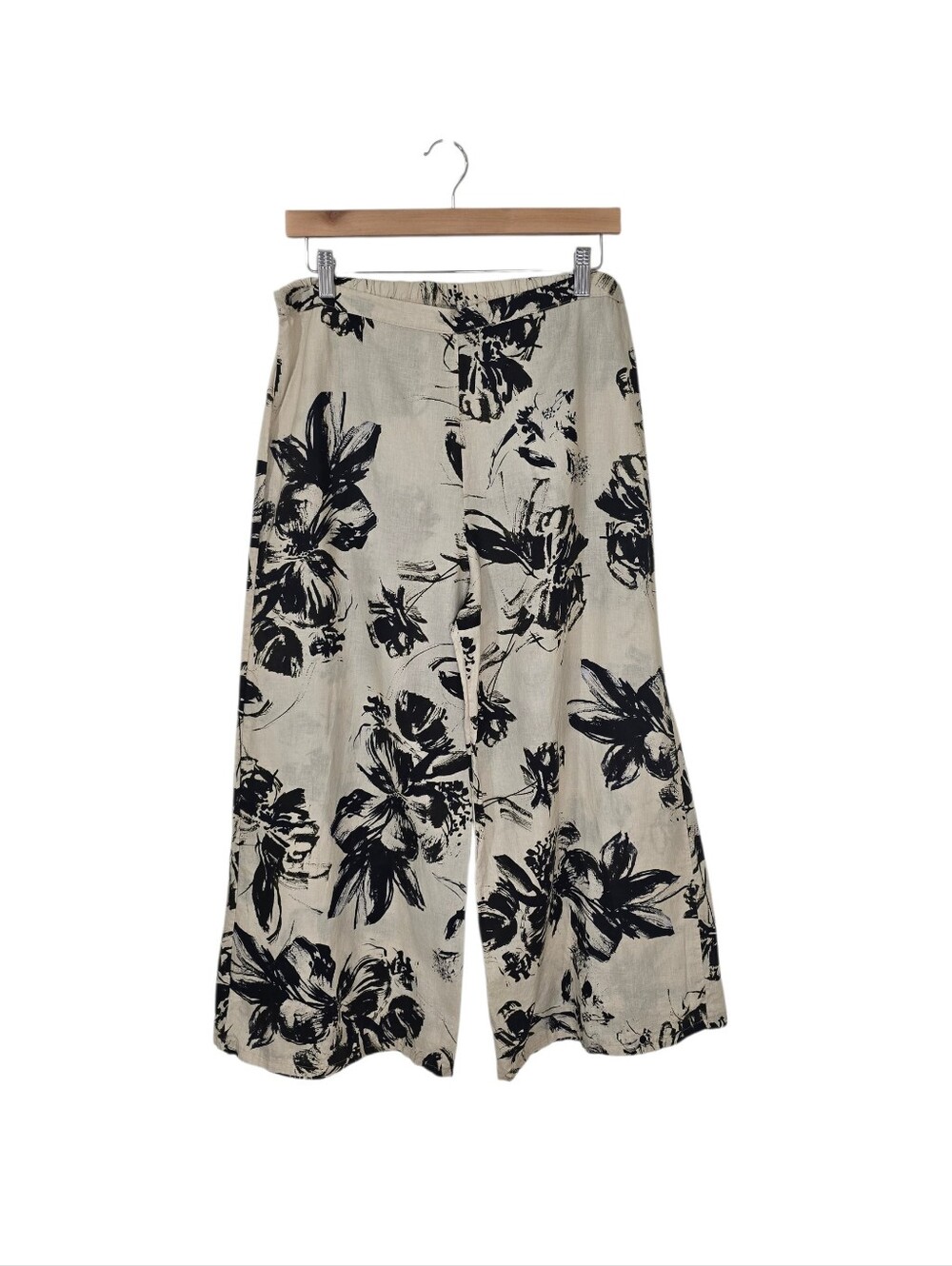 bryn walker Cream Wide Leg Floral Pants with Black Print